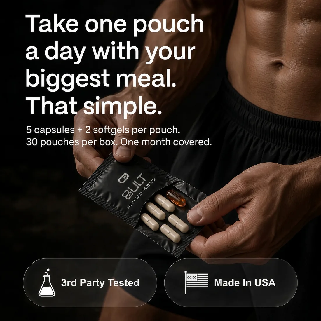 Take one pouch a day: 5 capsules and 2 softgels