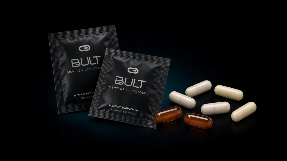 Two BULT daily pouches with one day's 5 capsules and 2 softgels