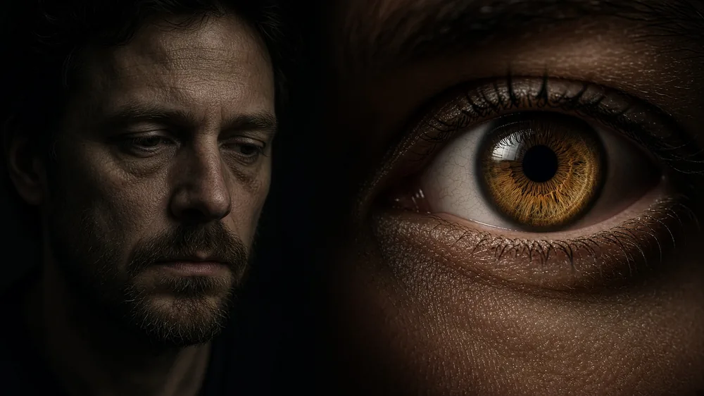 Tired man beside a close-up of his eye
