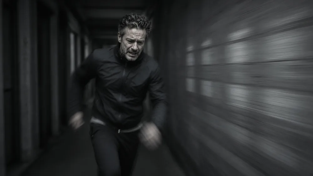 Stressed man rushing down a dark hallway
