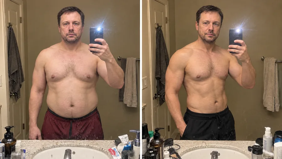Before and after bathroom-mirror selfies: a man with a soft midsection, then leaner and more muscular