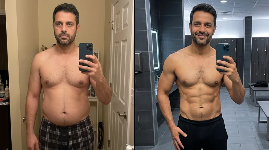 Before and after mirror selfies: a bearded man with a soft belly at home, then lean with visible abs in a locker room
