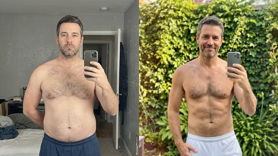 Before and after mirror selfies: a man with a soft midsection in a bedroom, then leaner with defined abs in a garden