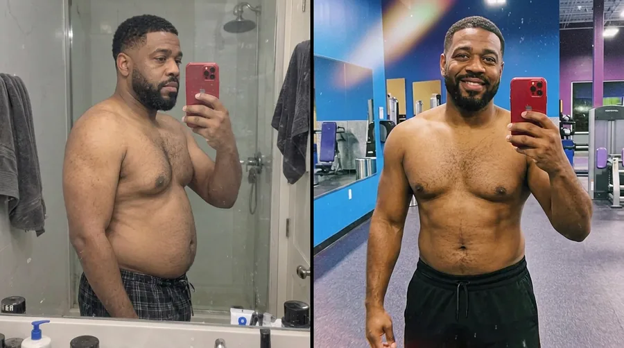 Before and after mirror selfies: a bearded man with a heavier midsection in a bathroom, then leaner in a gym