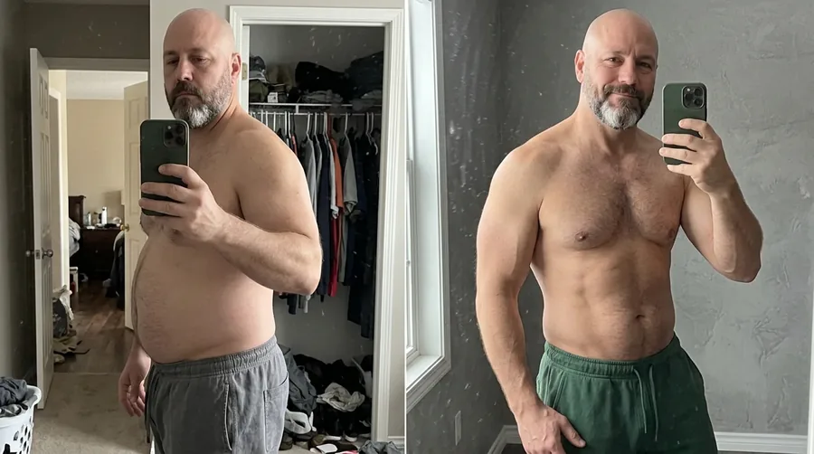 Before and after mirror selfies: a bald, grey-bearded man with a rounder belly, then leaner and more muscular