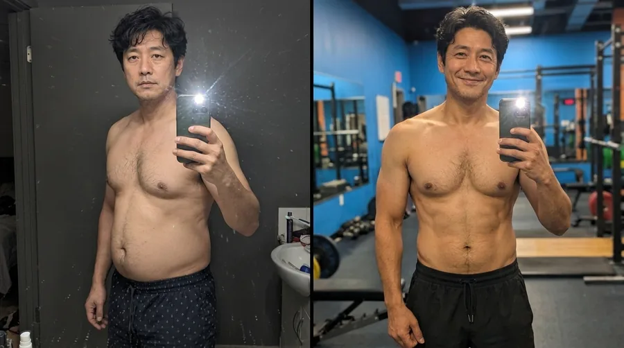 Before and after mirror selfies: a man with a soft midsection in a bathroom, then leaner with defined abs in a gym