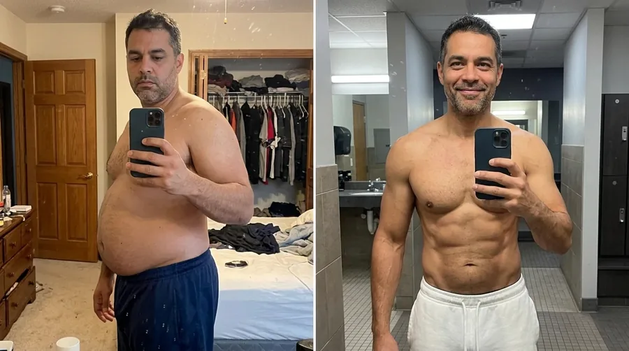 Before and after mirror selfies: a man in profile with a large belly in a bedroom, then lean with visible abs in a locker room