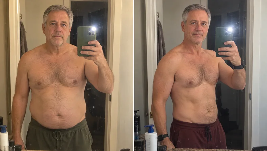 Before and after mirror selfies: a grey-haired man with a soft belly, then leaner and more toned