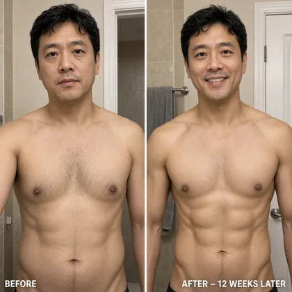 Before and after: a man's bare torso, softer at the start and visibly leaner 12 weeks later