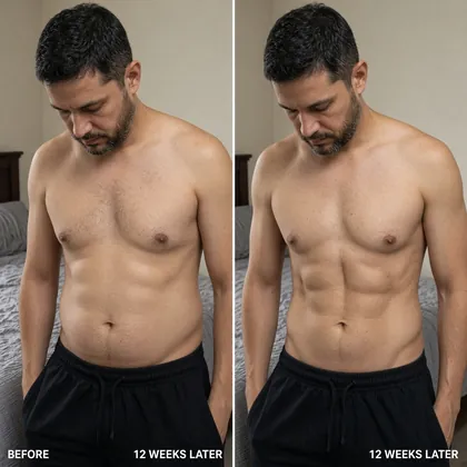 Before and after: a man looking down at his torso in a bedroom, leaner and more defined after 12 weeks