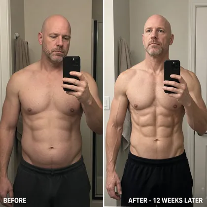 Before and after mirror selfies: a bald man's torso, softer at the start and more defined 12 weeks later