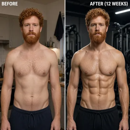 Before and after: a red-bearded man, at home at the start and leaner in a gym after 12 weeks