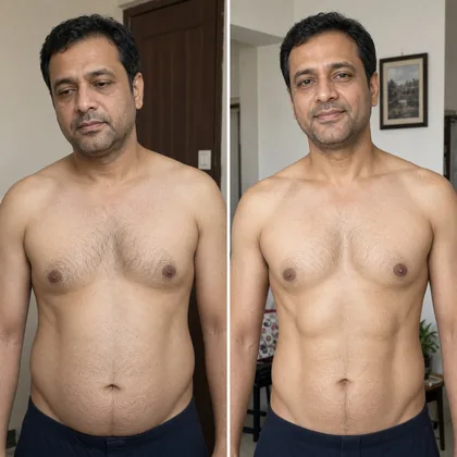 Before and after: a man's bare torso, leaner in the second photo