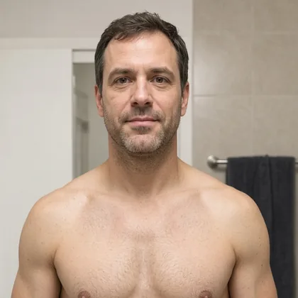 A bare-chested man standing in his bathroom